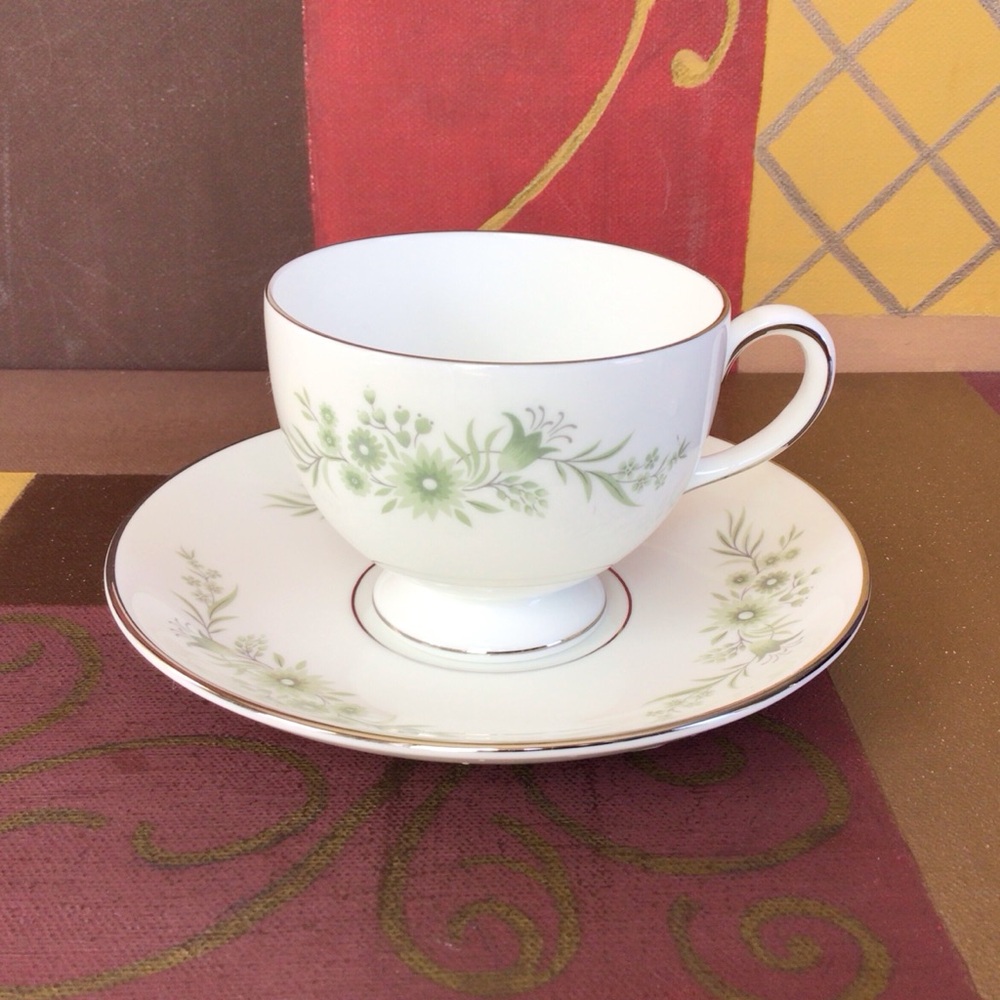 Wedgwood Green Floral Border Teacup And Saucer